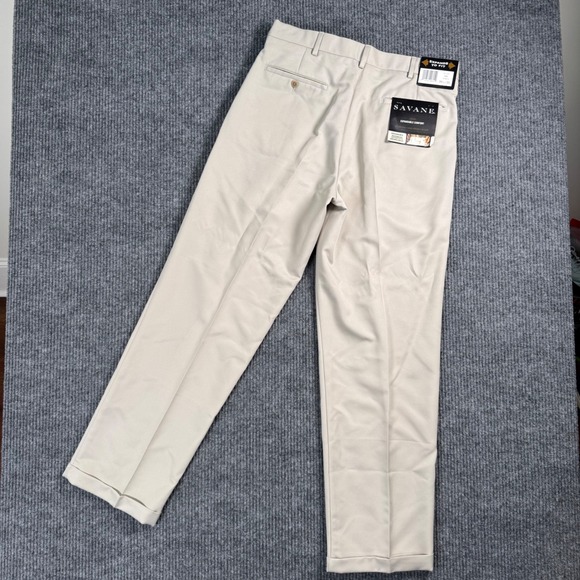 New Savane Dress Pants Mens 34x32 Beige Pleated Comfort Waist‎ Business Slacks - Picture 1 of 11